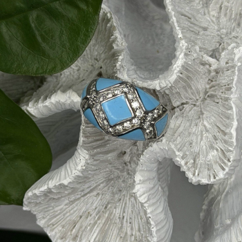 925 Sterling Silver Blue Turquoise & White Colorless Beryl Ring Size 9