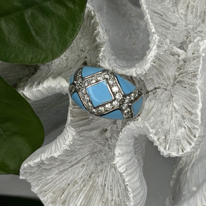 925 Sterling Silver Blue Turquoise & White Colorless Beryl Ring Size 9