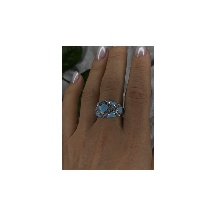 925 Sterling Silver Blue Turquoise & White Colorless Beryl Ring Size 9