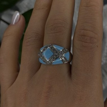 925 Sterling Silver Blue Turquoise & White Colorless Beryl Ring Size 9