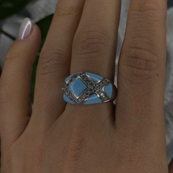 925 Sterling Silver Blue Turquoise & White Colorless Beryl Ring Size 9