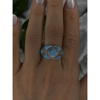 925 Sterling Silver Blue Turquoise & White Colorless Beryl Ring Size 9