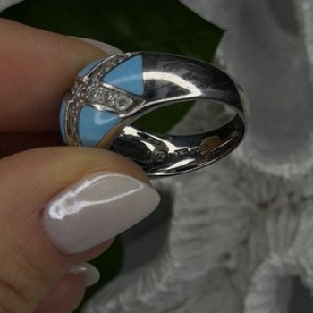925 Sterling Silver Blue Turquoise & White Colorless Beryl Ring Size 9