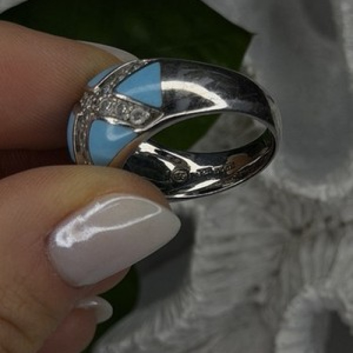 925 Sterling Silver Blue Turquoise & White Colorless Beryl Ring Size 9