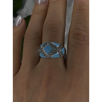 925 Sterling Silver Blue Turquoise & White Colorless Beryl Ring Size 9