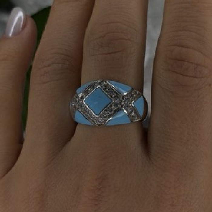 925 Sterling Silver Blue Turquoise & White Colorless Beryl Ring Size 9