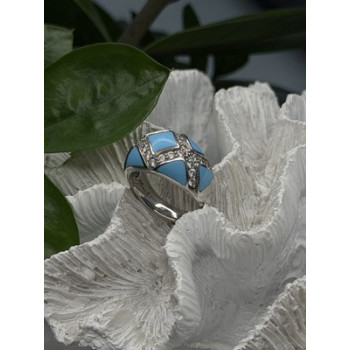 925 Sterling Silver Blue Turquoise & White Colorless Beryl Ring Size 9