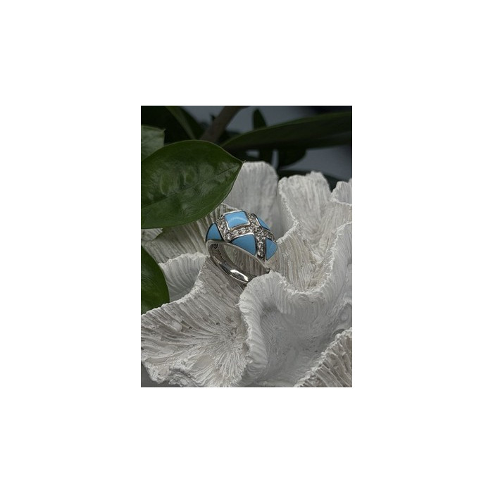 925 Sterling Silver Blue Turquoise & White Colorless Beryl Ring Size 9