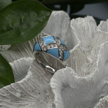925 Sterling Silver Blue Turquoise & White Colorless Beryl Ring Size 9