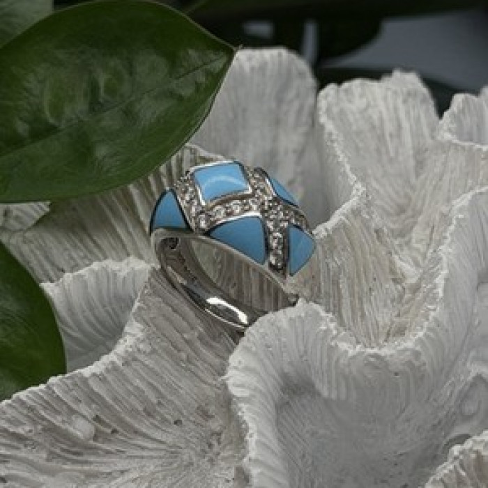 925 Sterling Silver Blue Turquoise & White Colorless Beryl Ring Size 9