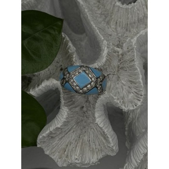 925 Sterling Silver Blue Turquoise & White Colorless Beryl Ring Size 9