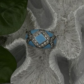 925 Sterling Silver Blue Turquoise & White Colorless Beryl Ring Size 9