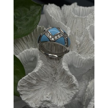 925 Sterling Silver Blue Turquoise & White Colorless Beryl Ring Size 9