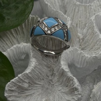 925 Sterling Silver Blue Turquoise & White Colorless Beryl Ring Size 9
