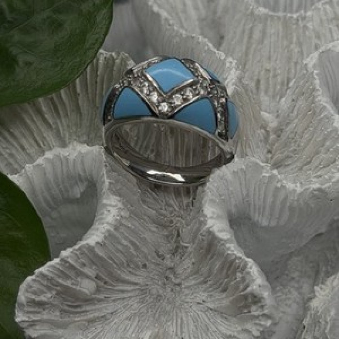 925 Sterling Silver Blue Turquoise & White Colorless Beryl Ring Size 9