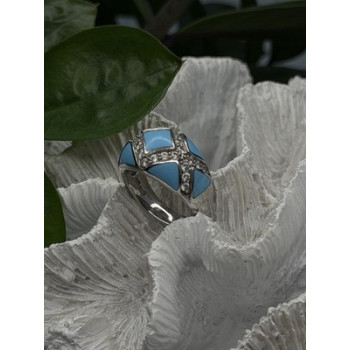 925 Sterling Silver Blue Turquoise & White Colorless Beryl Ring Size 9
