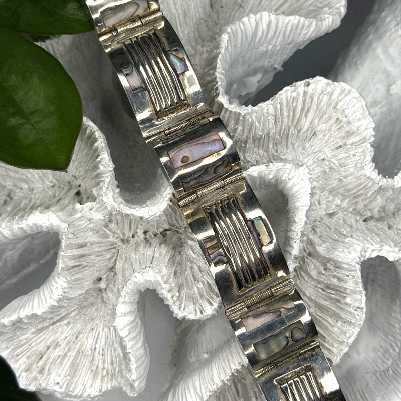Vintage 925 Sterling Silver Abalone Mother of Pearl Bracelet Length 7