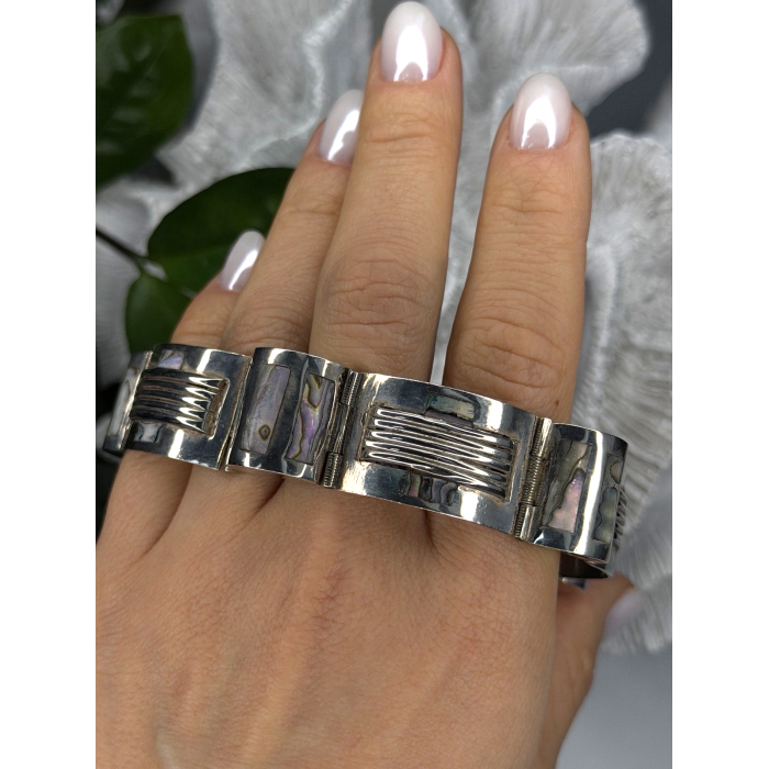 Vintage 925 Sterling Silver Abalone Mother of Pearl Bracelet Length 7