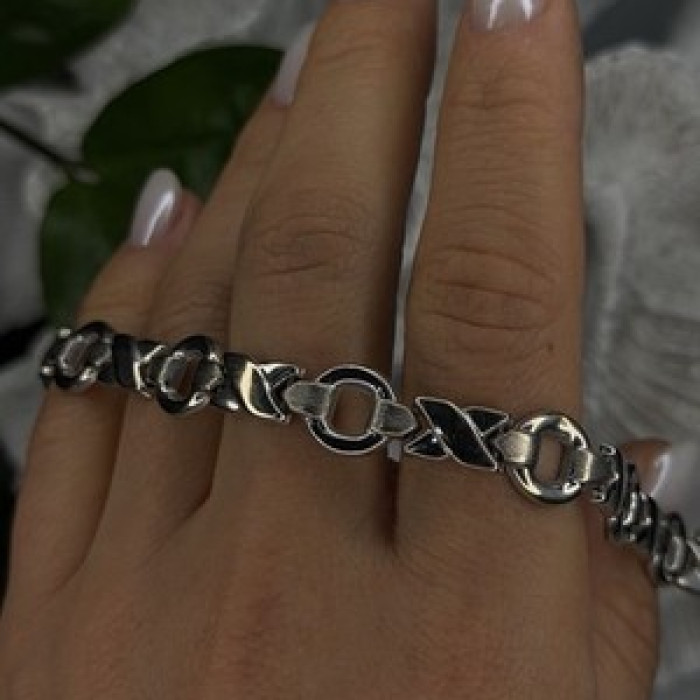 Vintage Design X-shaped & Circular Links 925 Sterling Silver Bracelet 7.5