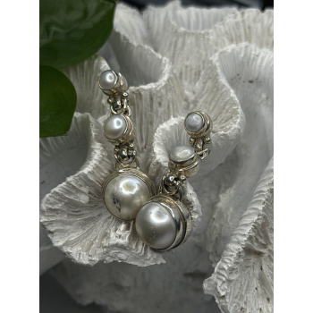 Beautiful Dangle 925 Sterling Silver White Pearls Earrings
