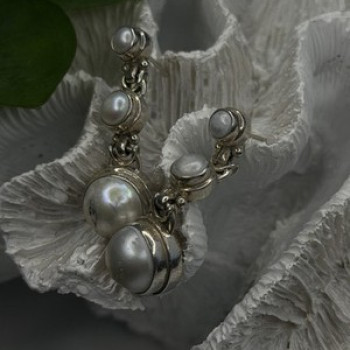 Beautiful Dangle 925 Sterling Silver White Pearls Earrings
