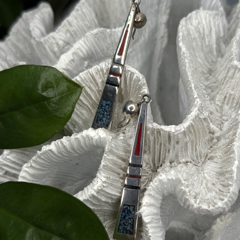 Navajo 925 Sterling Silver Turquoise & Coral Dangle Earrings