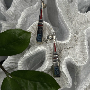 Navajo 925 Sterling Silver Turquoise & Coral Dangle Earrings
