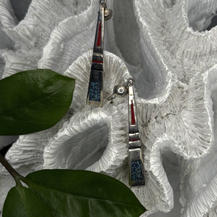 Navajo 925 Sterling Silver Turquoise & Coral Dangle Earrings