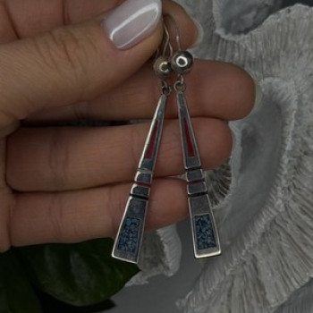 Navajo 925 Sterling Silver Turquoise & Coral Dangle Earrings