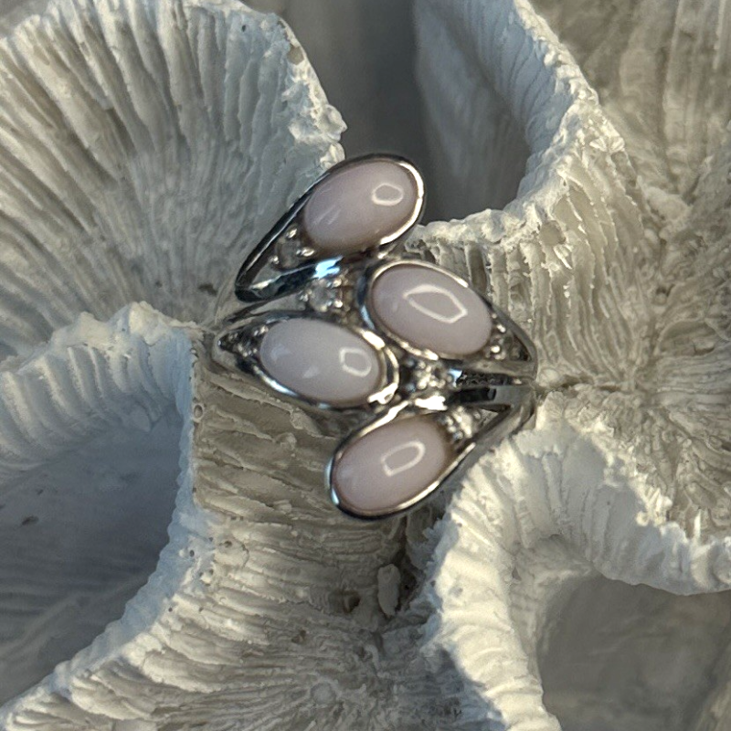 925 Sterling Silver Peruvian Pink Opal & White Colorless Beryl Ring Size 8