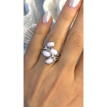 925 Sterling Silver Peruvian Pink Opal & White Colorless Beryl Ring Size 8