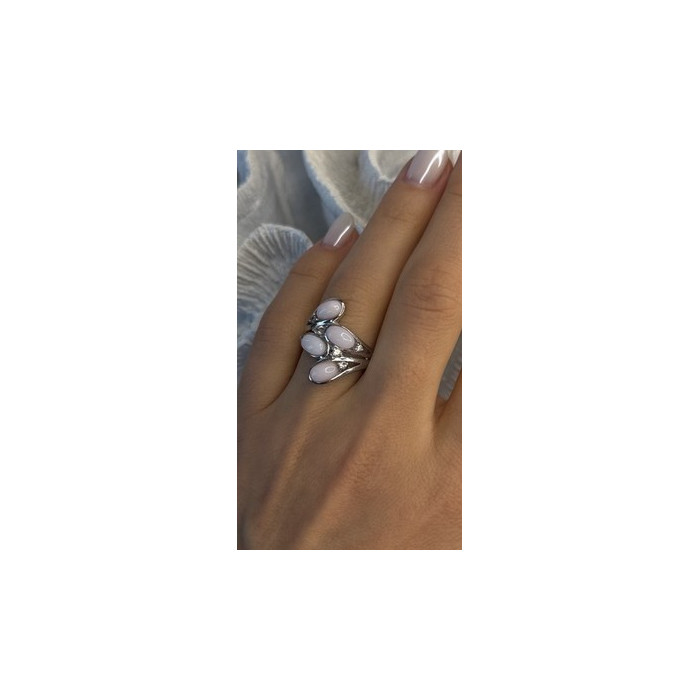 925 Sterling Silver Peruvian Pink Opal & White Colorless Beryl Ring Size 8
