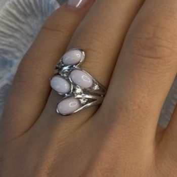 925 Sterling Silver Peruvian Pink Opal & White Colorless Beryl Ring Size 8