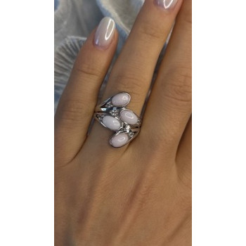 925 Sterling Silver Peruvian Pink Opal & White Colorless Beryl Ring Size 8