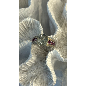 925 Sterling Silver Cushion-Cut Aquamarine & Pink Tourmaline Ring Size 9