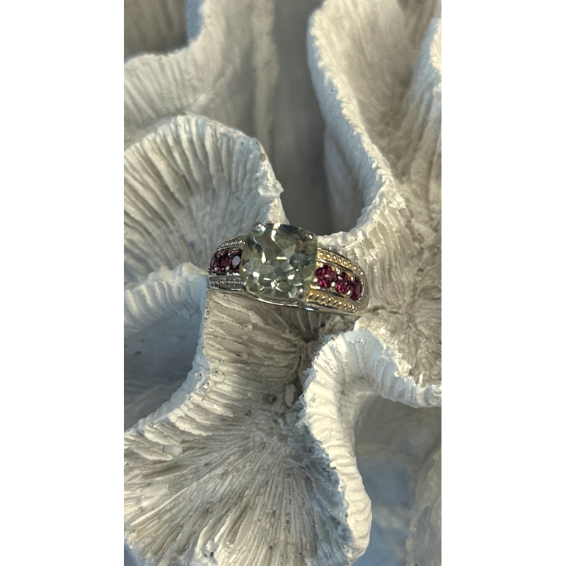 925 Sterling Silver Cushion-Cut Aquamarine & Pink Tourmaline Ring Size 9