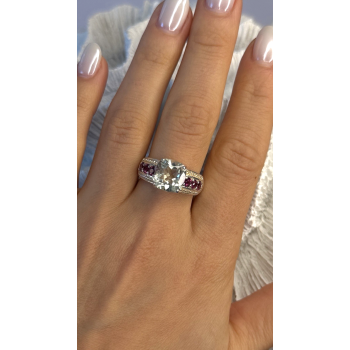 925 Sterling Silver Cushion-Cut Aquamarine & Pink Tourmaline Ring Size 9