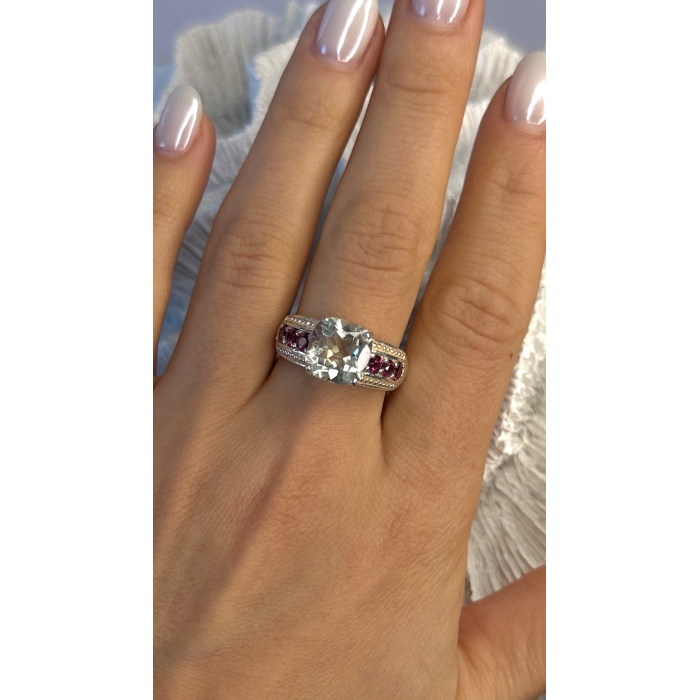 925 Sterling Silver Cushion-Cut Aquamarine & Pink Tourmaline Ring Size 9
