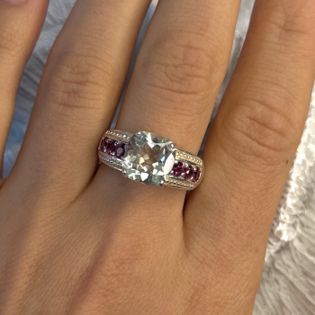 925 Sterling Silver Cushion-Cut Aquamarine & Pink Tourmaline Ring Size 9