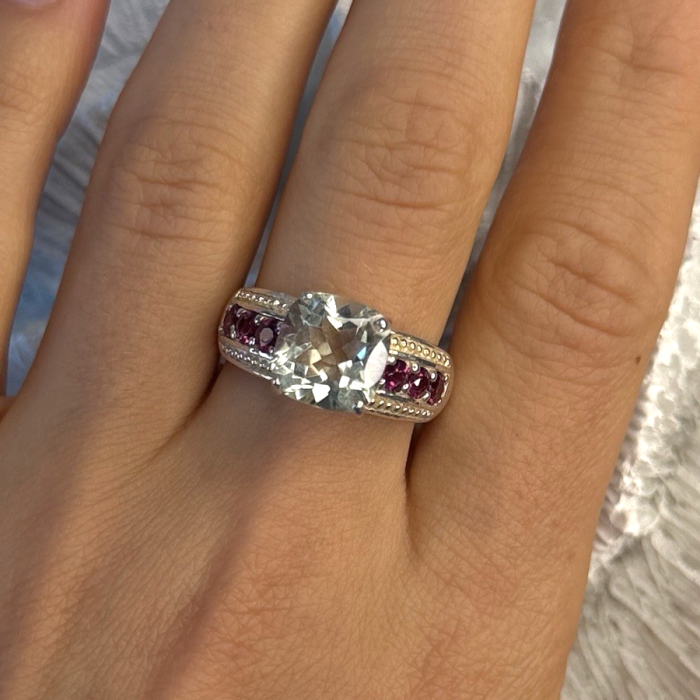 925 Sterling Silver Cushion-Cut Aquamarine & Pink Tourmaline Ring Size 9