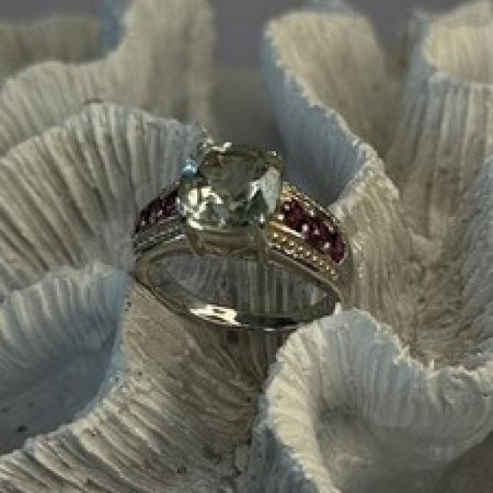925 Sterling Silver Cushion-Cut Aquamarine & Pink Tourmaline Ring Size 9