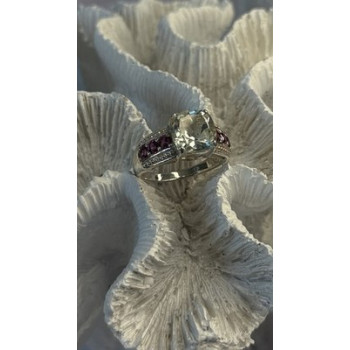 925 Sterling Silver Cushion-Cut Aquamarine & Pink Tourmaline Ring Size 9
