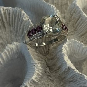925 Sterling Silver Cushion-Cut Aquamarine & Pink Tourmaline Ring Size 9