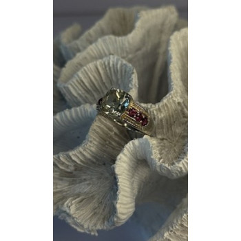 925 Sterling Silver Cushion-Cut Aquamarine & Pink Tourmaline Ring Size 9