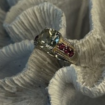 925 Sterling Silver Cushion-Cut Aquamarine & Pink Tourmaline Ring Size 9