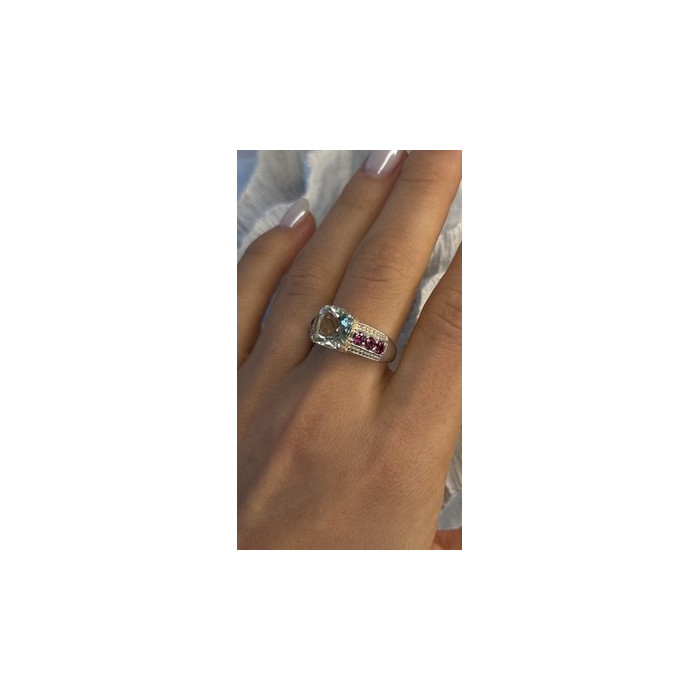 925 Sterling Silver Cushion-Cut Aquamarine & Pink Tourmaline Ring Size 9