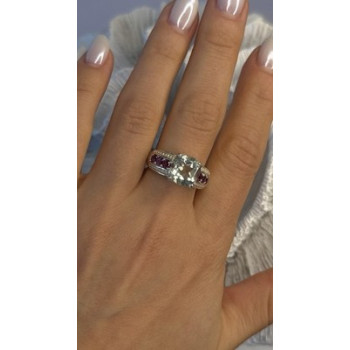 925 Sterling Silver Cushion-Cut Aquamarine & Pink Tourmaline Ring Size 9