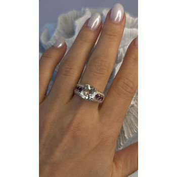 925 Sterling Silver Cushion-Cut Aquamarine & Pink Tourmaline Ring Size 9