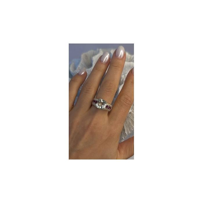 925 Sterling Silver Cushion-Cut Aquamarine & Pink Tourmaline Ring Size 9