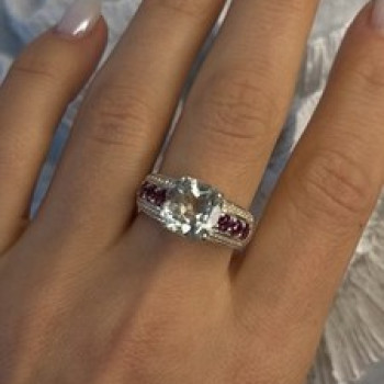 925 Sterling Silver Cushion-Cut Aquamarine & Pink Tourmaline Ring Size 9